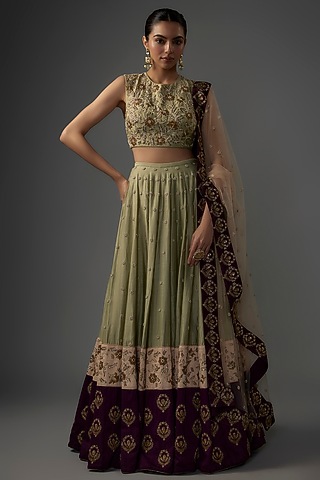Mint Silk Mul Floral Embroidered Lehenga Set by Payal Singhal