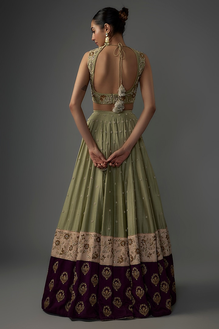 Mint Silk Mul Floral Embroidered Bridal Lehenga Set by Payal Singhal at Pernia's Pop Up Shop