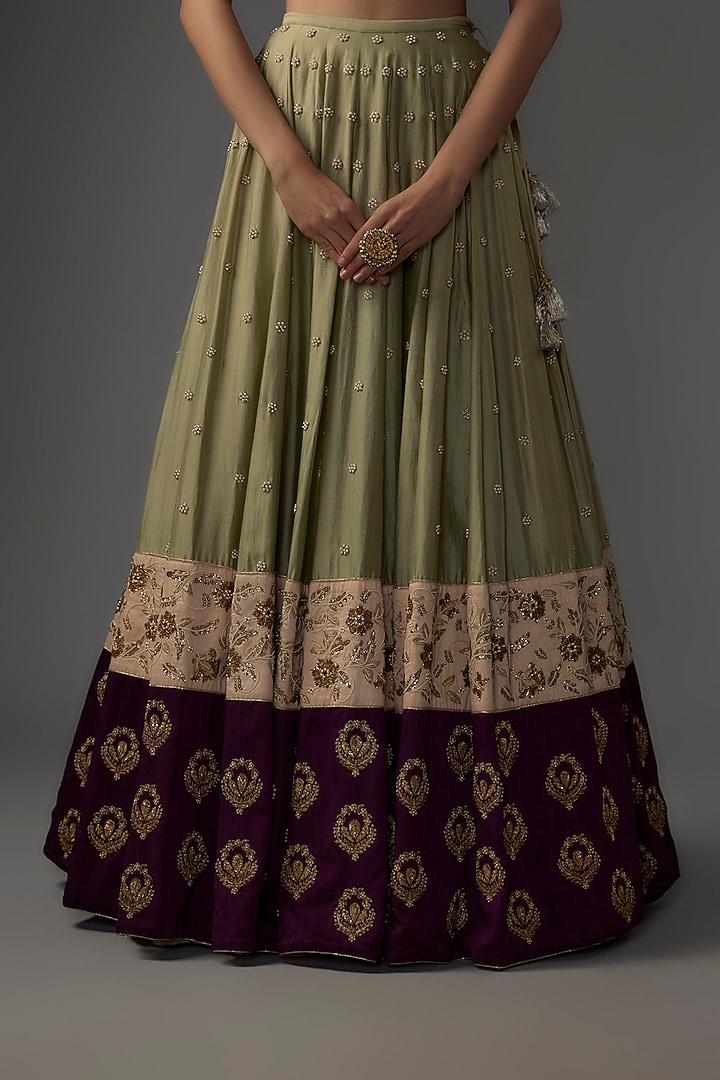 Mint Silk Mul Floral Embroidered Bridal Lehenga Set by Payal Singhal at Pernia's Pop Up Shop