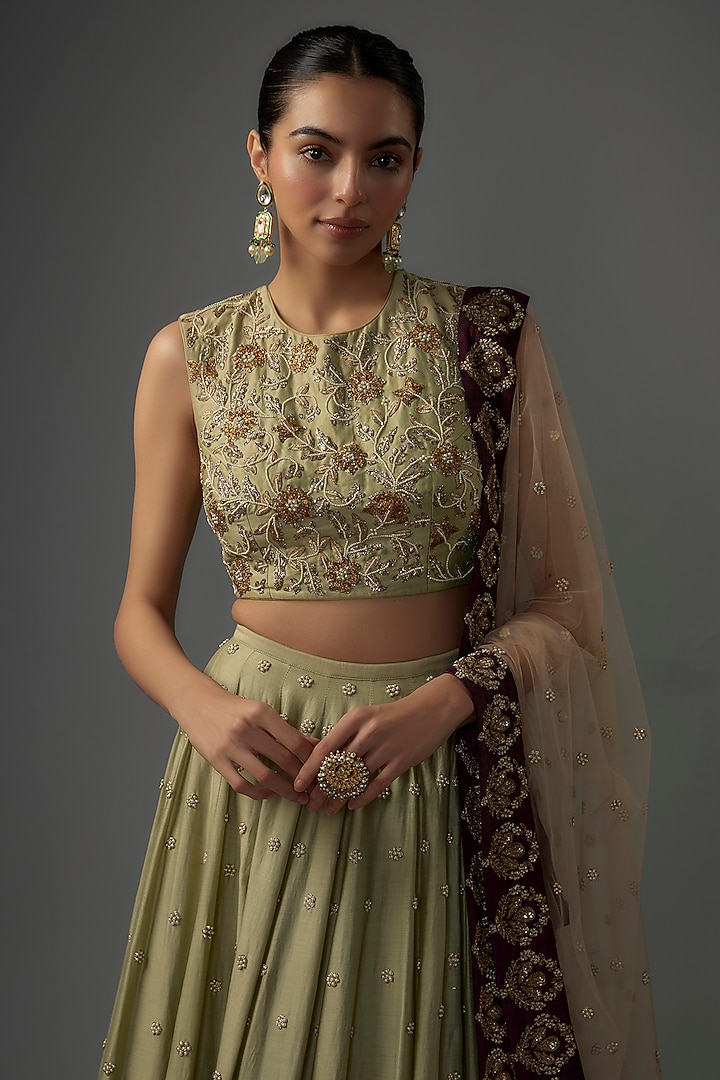 Mint Silk Mul Floral Embroidered Bridal Lehenga Set by Payal Singhal at Pernia's Pop Up Shop