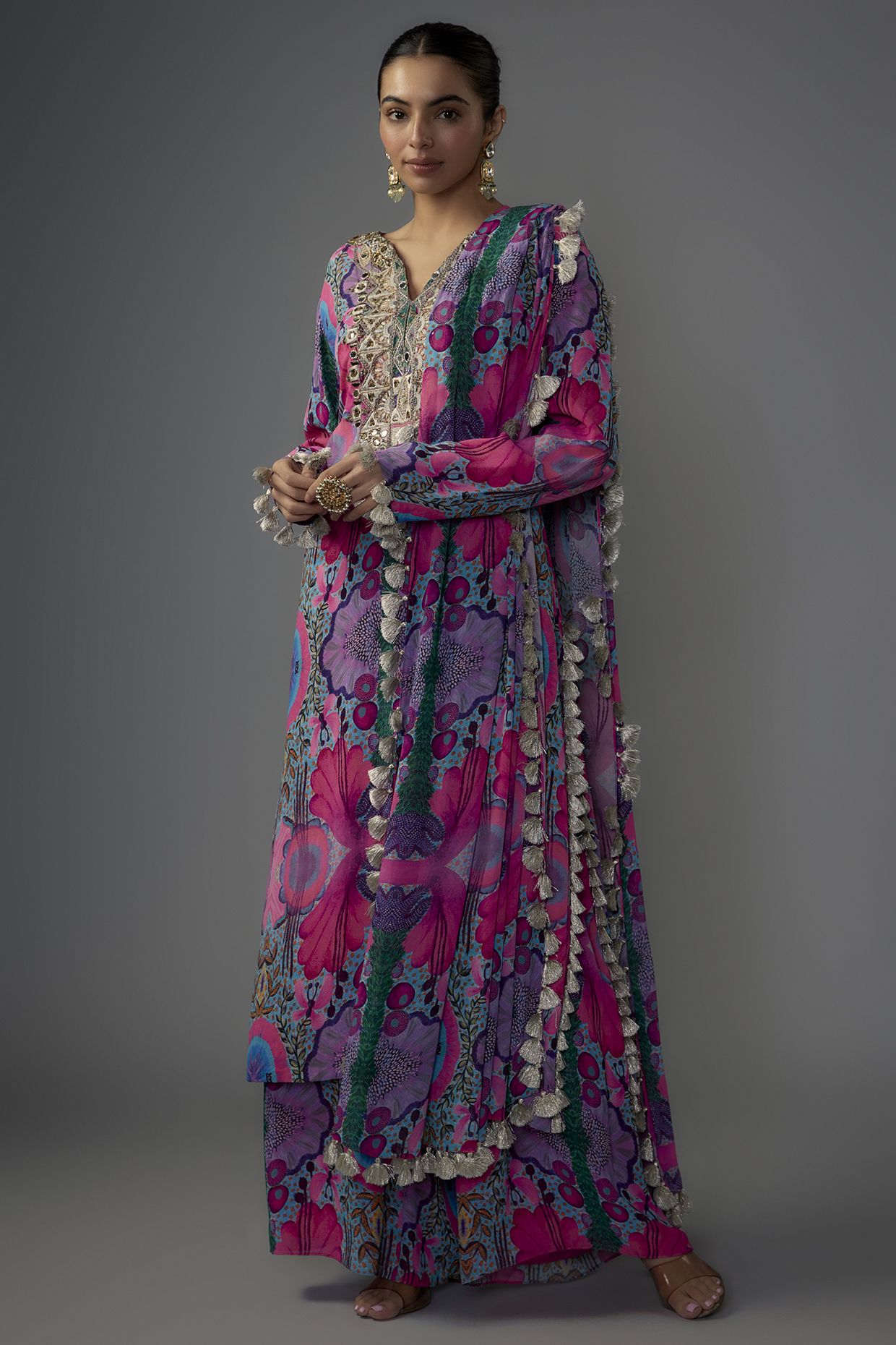 Multi-Colored Georgette Printed & Embroidered Kurta Set by Payal Singhal at Pernia's Pop Up Shop