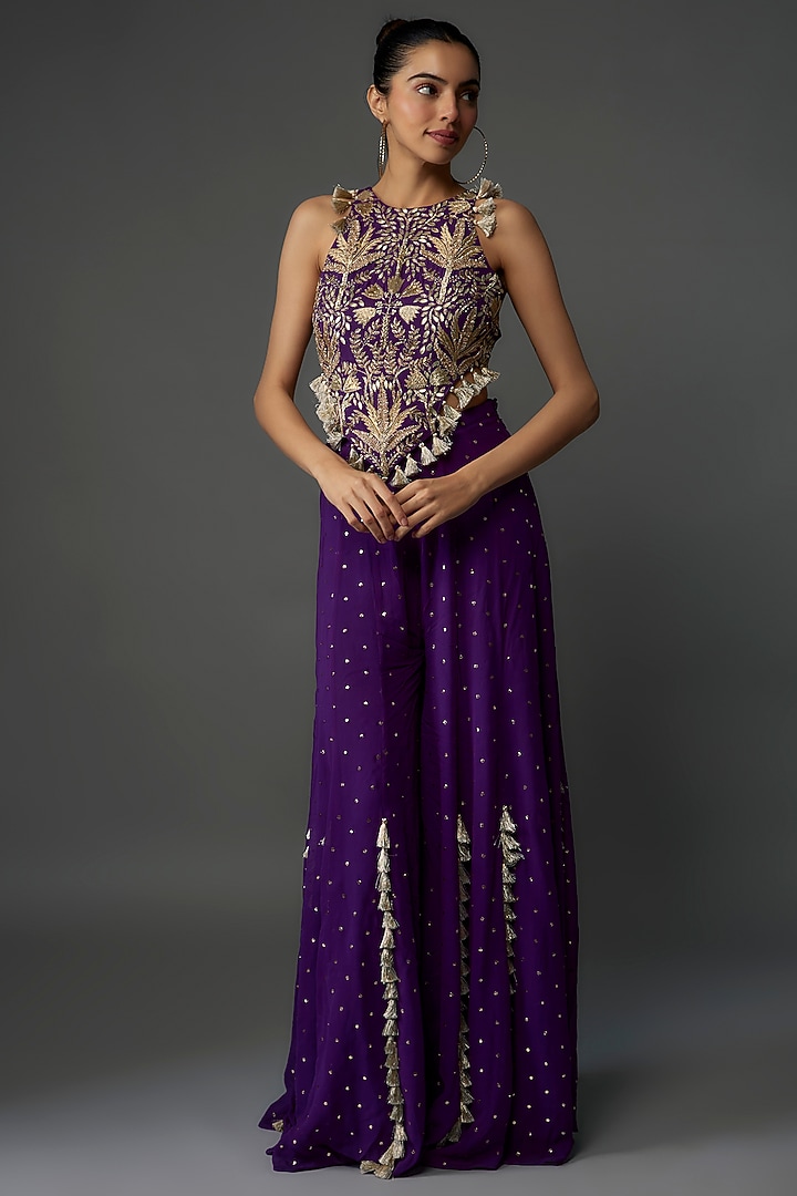 Purple Mukaish Georgette Wedding Sharara Set by Payal Singhal at Pernia's Pop Up Shop