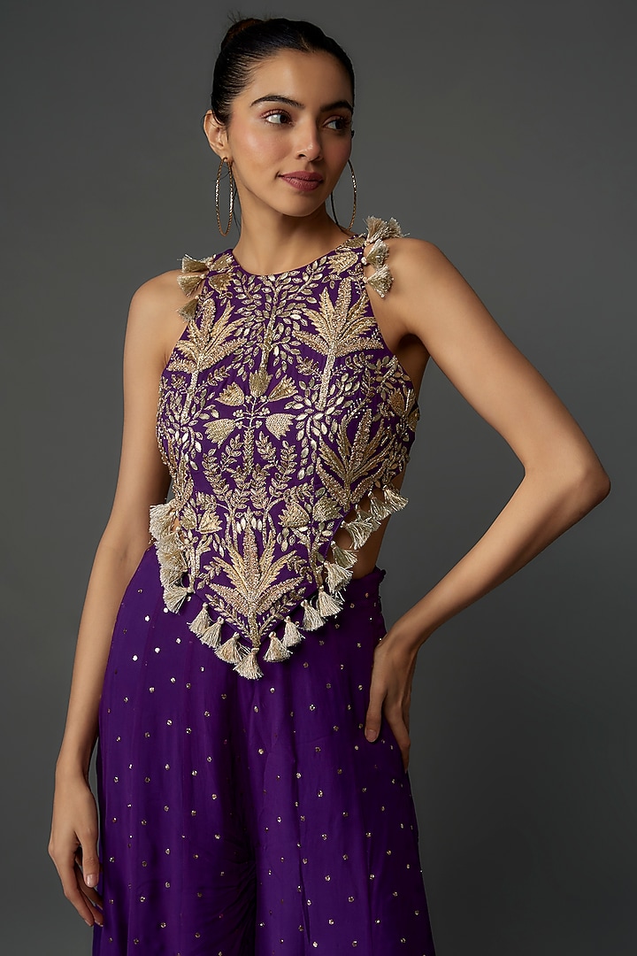 Purple Mukaish Georgette Wedding Sharara Set by Payal Singhal at Pernia's Pop Up Shop