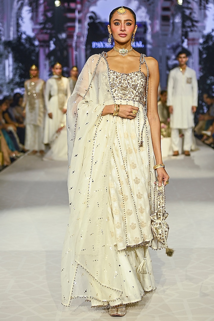 Ivory Chikankari Silk Strapless Anarkali Set by Payal Singhal at Pernia's Pop Up Shop