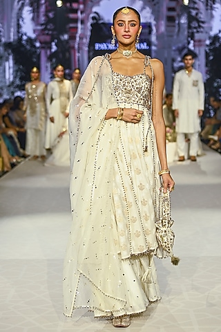 Ivory Chikankari Silk Strapless Anarkali Set by Payal Singhal
