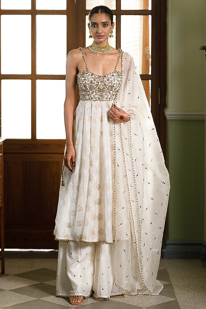 Ivory Chikankari Silk Strapless Bridal Anarkali Set by Payal Singhal at Pernia's Pop Up Shop