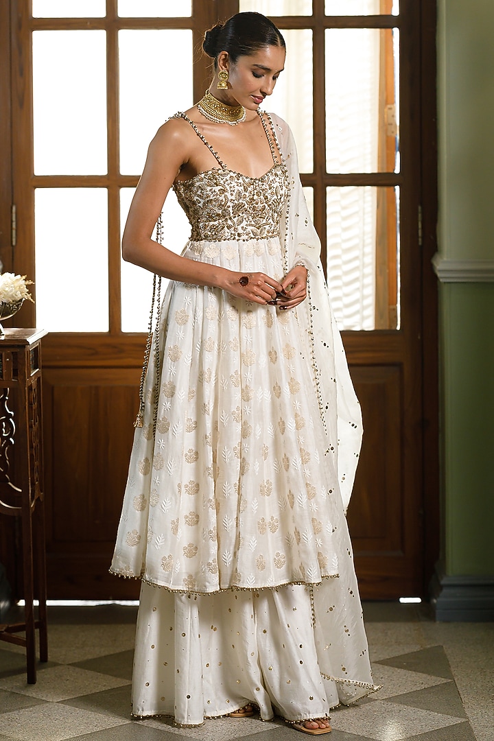 Ivory Chikankari Silk Strapless Bridal Anarkali Set by Payal Singhal at Pernia's Pop Up Shop