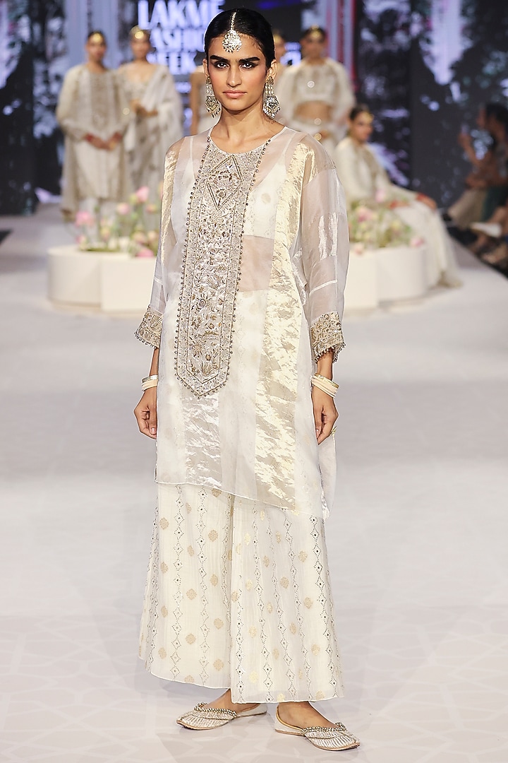 Ivory Organza Embroidered Tunic Set by Payal Singhal at Pernia's Pop Up Shop