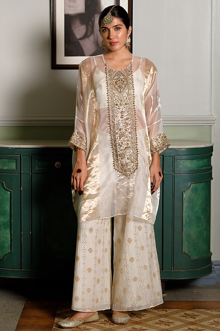 Ivory Organza Embroidered Tunic Set by Payal Singhal at Pernia's Pop Up Shop