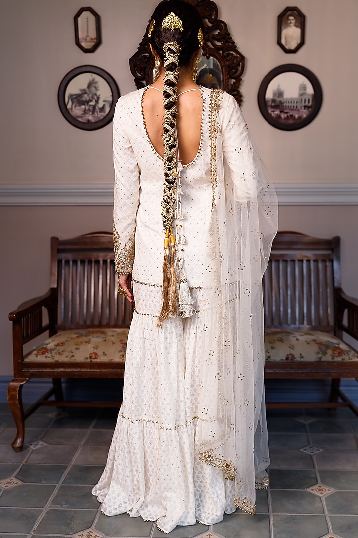 Off-White Katarwa Frilled Bridal Sharara Set by Payal Singhal at Pernia's Pop Up Shop