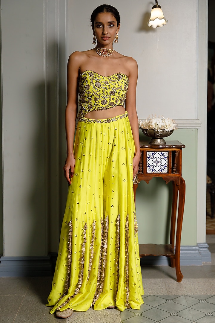 Lime Yellow Mukaish Silk mul Embroidered Sharara Set by Payal Singhal at Pernia's Pop Up Shop