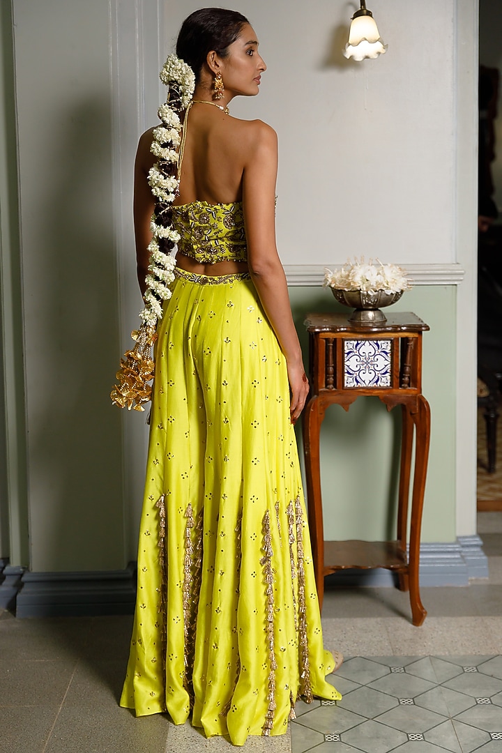 Lime Yellow Mukaish Silk mul Embroidered Bridal Sharara Set by Payal Singhal at Pernia's Pop Up Shop