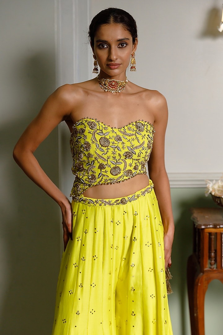 Lime Yellow Mukaish Silk mul Embroidered Bridal Sharara Set by Payal Singhal at Pernia's Pop Up Shop