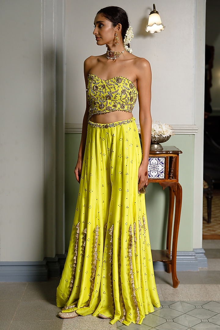 Lime Yellow Mukaish Silk mul Embroidered Bridal Sharara Set by Payal Singhal at Pernia's Pop Up Shop