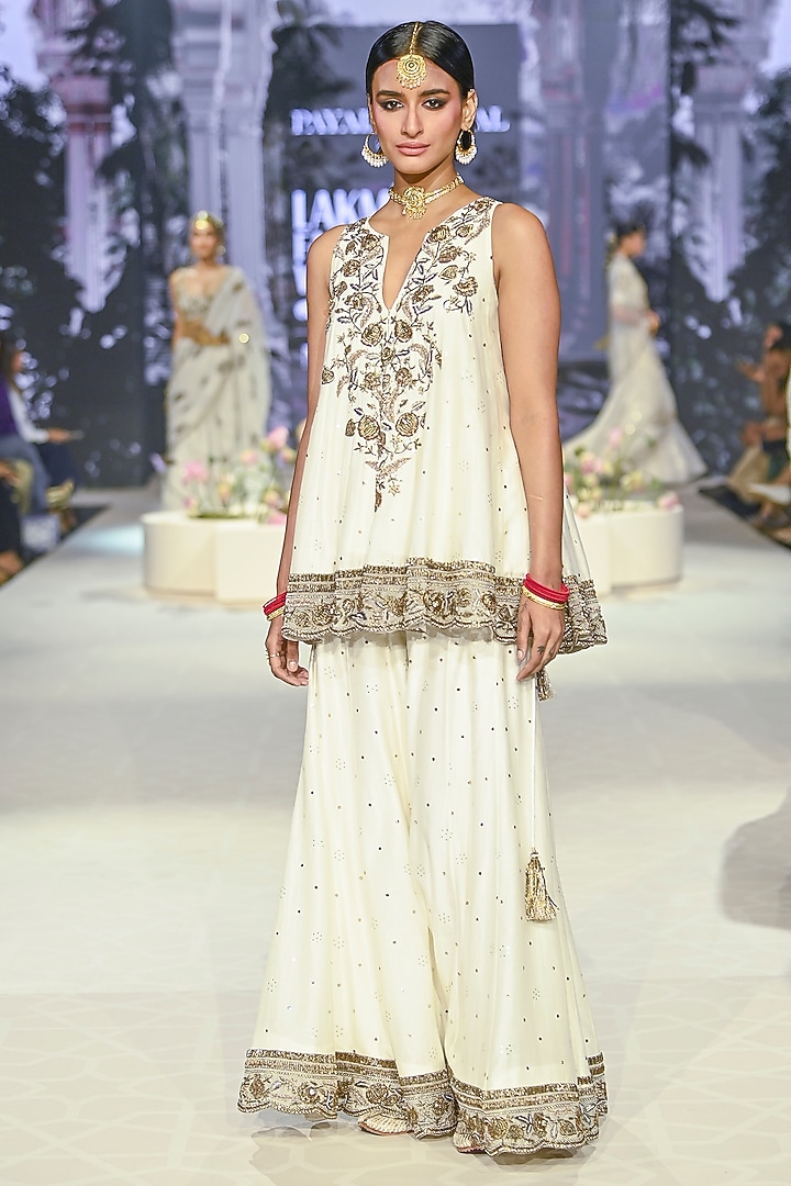 Off-White Mukaish Silkmul Embroidered Bridal Sharara Set by Payal Singhal at Pernia's Pop Up Shop