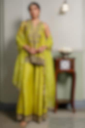 Mehendi Green Mukaish Silkmul Embroidered Bridal Sharara Set by Payal Singhal at Pernia's Pop Up Shop