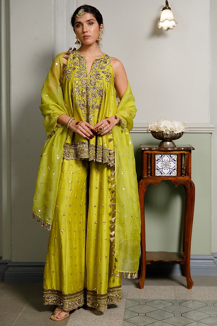 Mehendi Green Mukaish Silkmul Embroidered Bridal Sharara Set by Payal Singhal at Pernia's Pop Up Shop