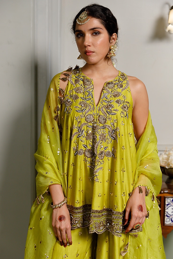 Mehendi Green Mukaish Silkmul Embroidered Bridal Sharara Set by Payal Singhal at Pernia's Pop Up Shop