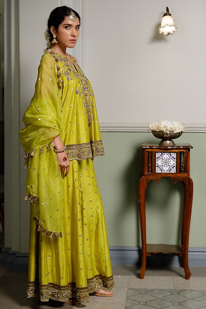Mehendi Green Mukaish Silkmul Embroidered Bridal Sharara Set by Payal Singhal at Pernia's Pop Up Shop