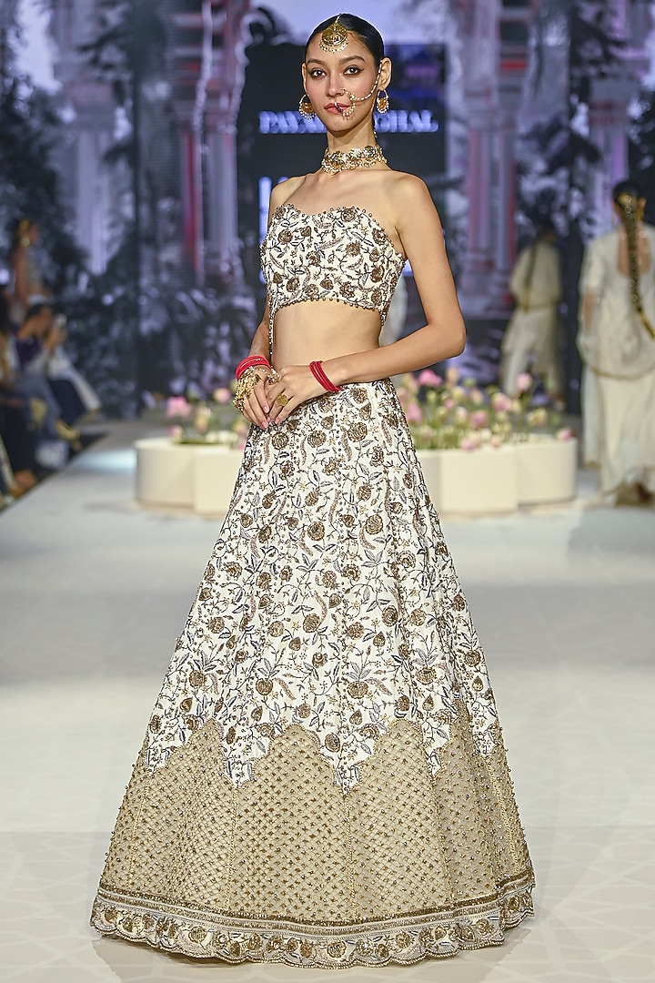 Off-White Georgette Embroidered Bridal Lehenga Set by Payal Singhal at Pernia's Pop Up Shop