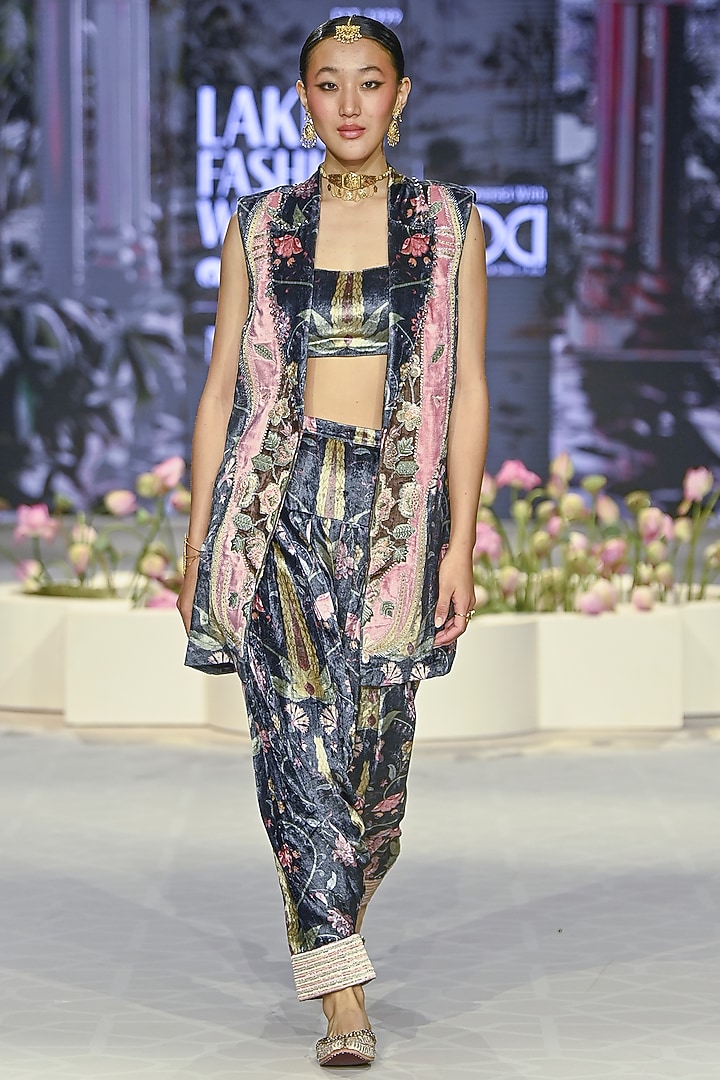 Black Velvet Printed & Embroidered Blazer Set by Payal Singhal at Pernia's Pop Up Shop