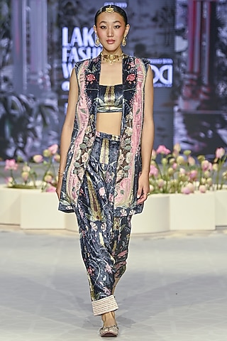 Black Velvet Printed & Embroidered Blazer Set by Payal Singhal