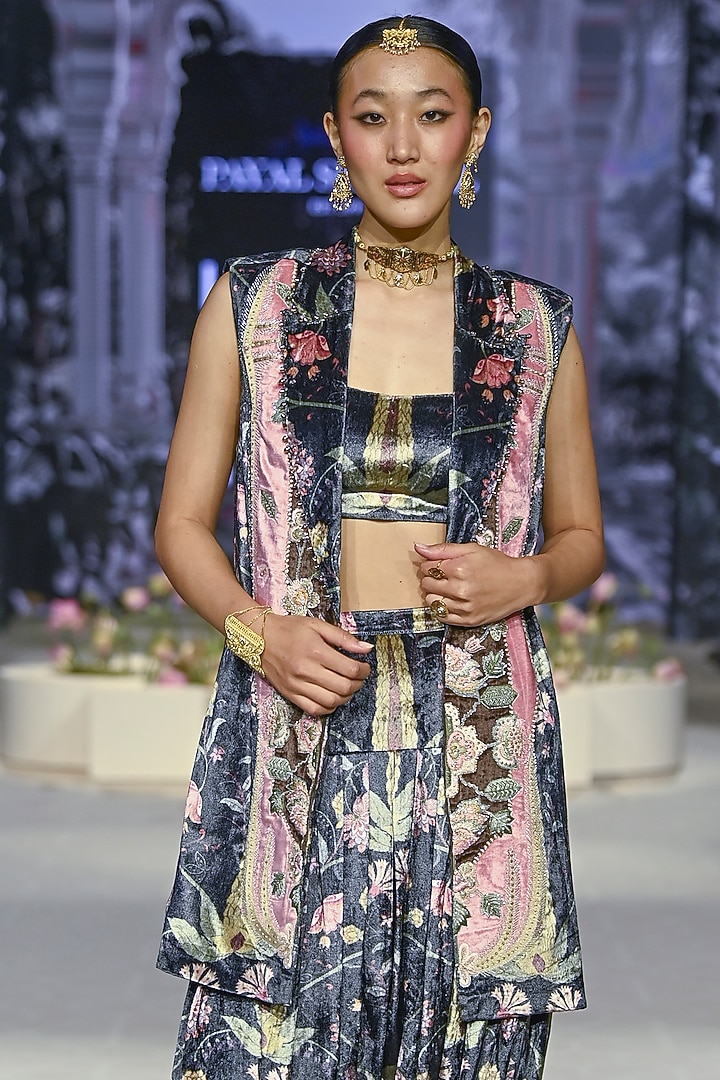 Black Velvet Printed & Embroidered Blazer Set by Payal Singhal at Pernia's Pop Up Shop