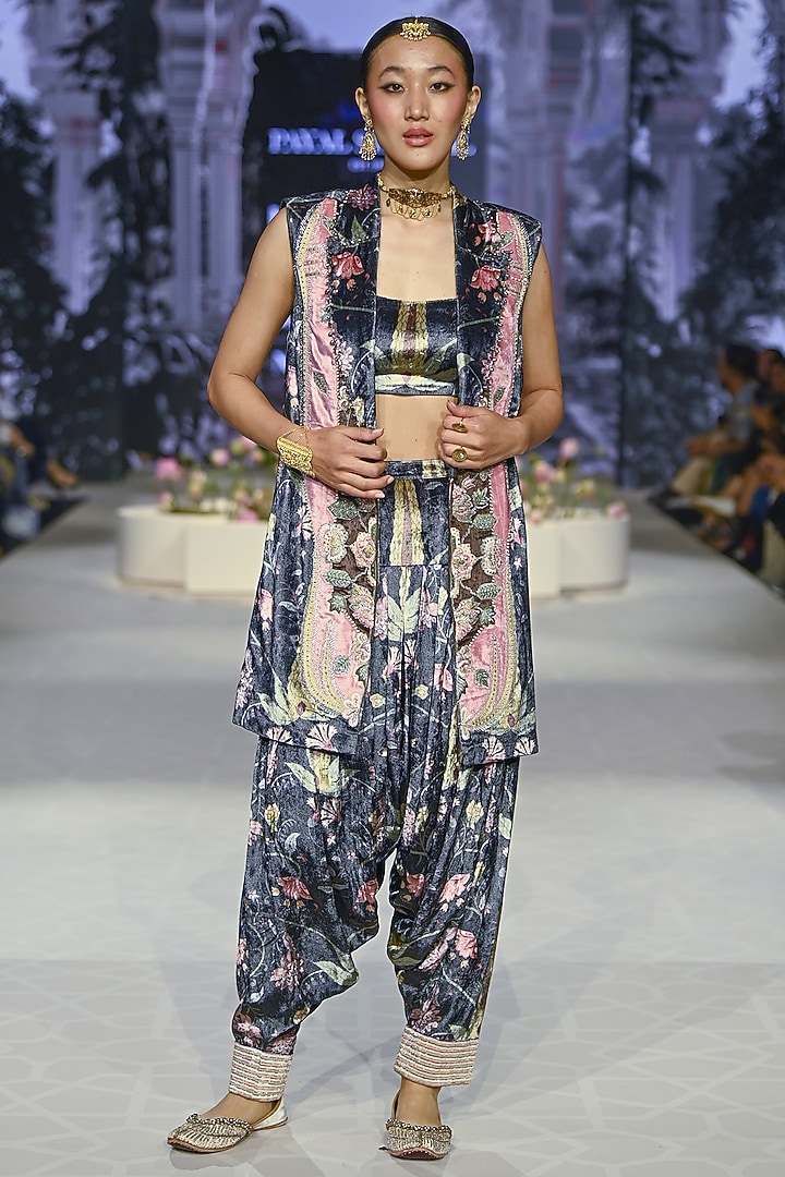 Black Velvet Printed & Embroidered Blazer Set by Payal Singhal at Pernia's Pop Up Shop