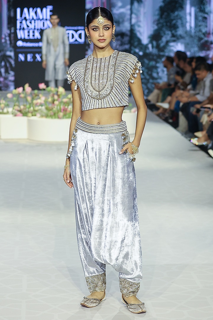 Grey Velvet Embroidered Dhoti Pant Set by Payal Singhal at Pernia's Pop Up Shop