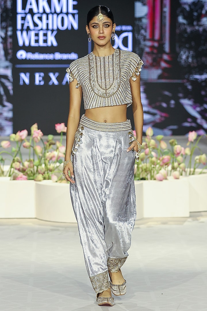 Grey Velvet Embroidered Dhoti Pant Set by Payal Singhal at Pernia's Pop Up Shop
