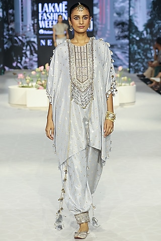 Grey Dola Silk Embroidered Kaftan Set by Payal Singhal