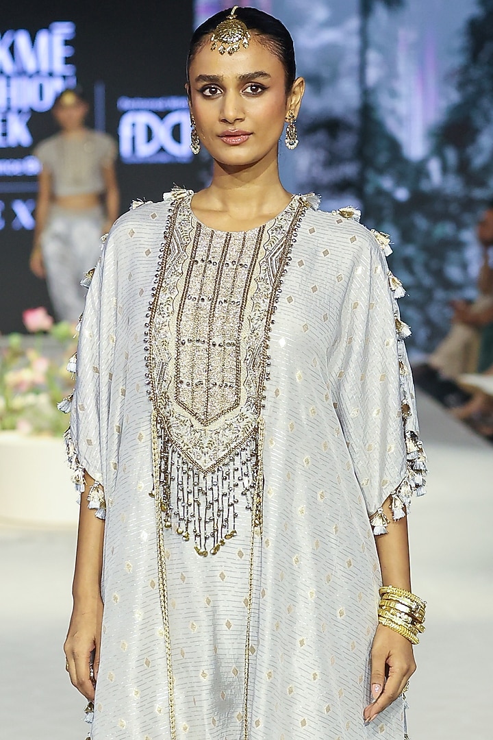 Grey Dola Silk Embroidered Kaftan Set by Payal Singhal at Pernia's Pop Up Shop