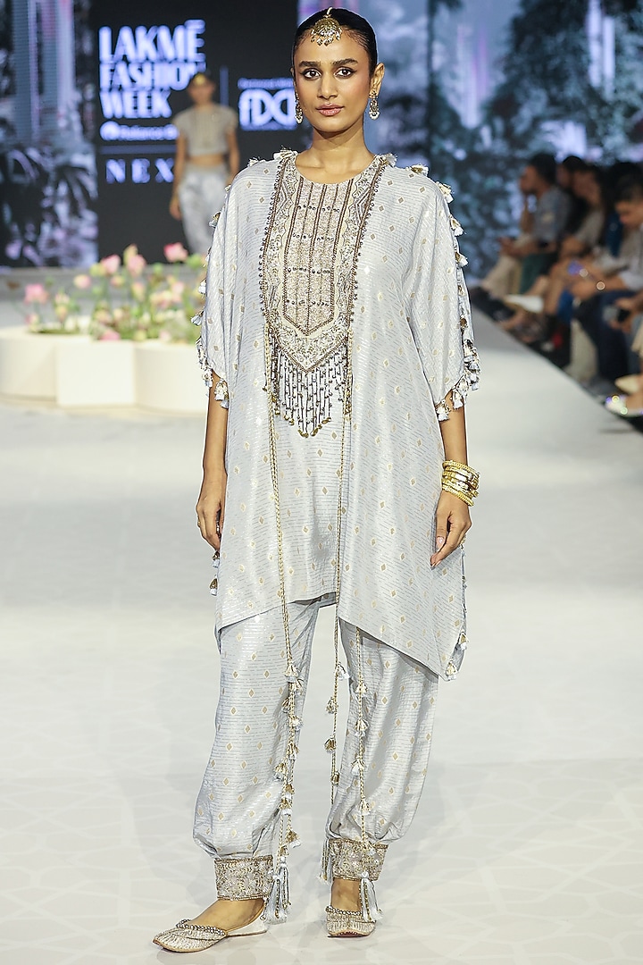 Grey Dola Silk Embroidered Kaftan Set by Payal Singhal at Pernia's Pop Up Shop