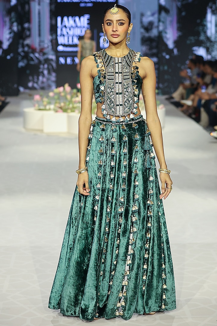 Emerald Green Velvet Embroidered Skirt Set by Payal Singhal at Pernia's Pop Up Shop