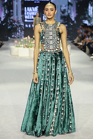 Raina Emerald Green Velvet Embroidered Skirt Set by Payal Singhal