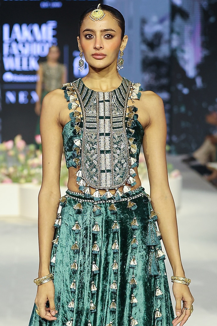 Raina Emerald Green Velvet Embroidered Skirt Set by Payal Singhal at Pernia's Pop Up Shop