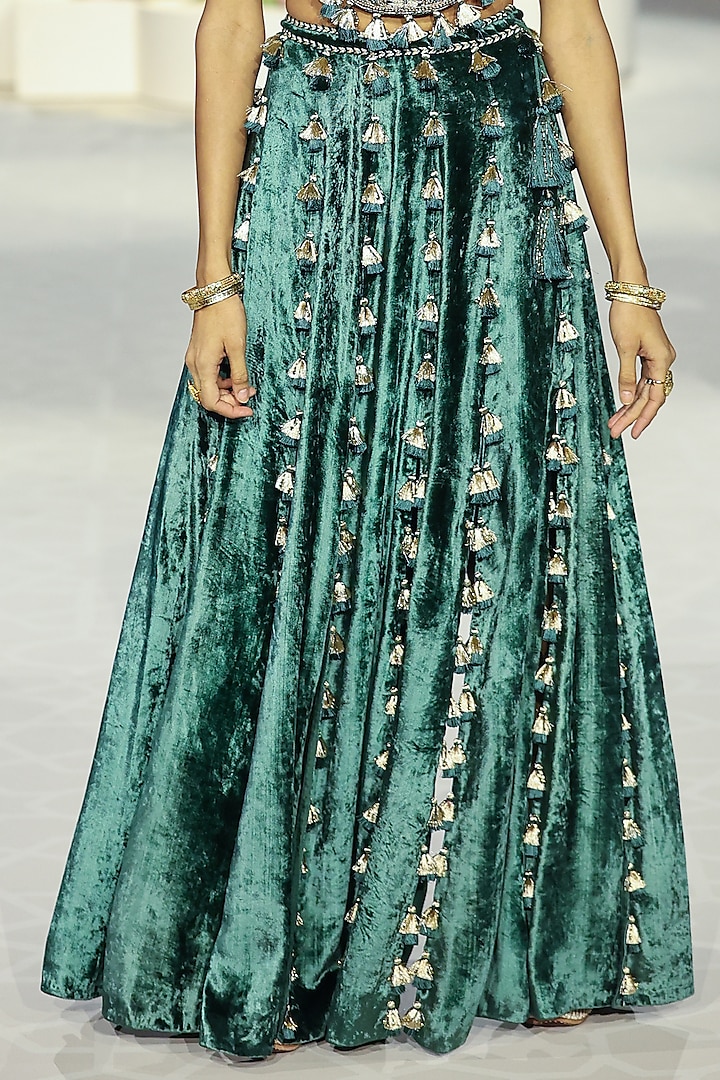 Raina Emerald Green Velvet Embroidered Skirt Set by Payal Singhal at Pernia's Pop Up Shop