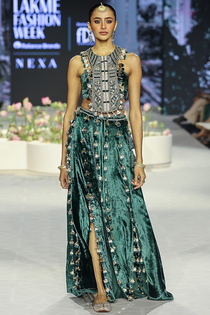 Raina Emerald Green Velvet Embroidered Skirt Set by Payal Singhal at Pernia's Pop Up Shop