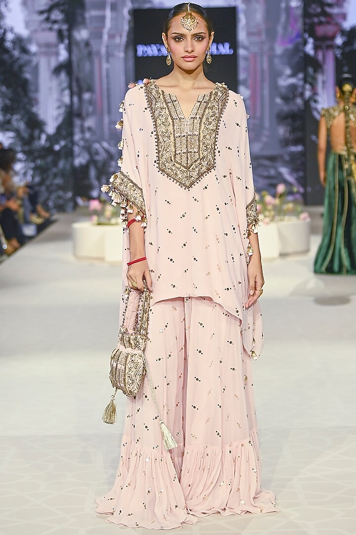 Blush Pink Mukaish Georgette Embroidered Sharara Set by Payal Singhal at Pernia's Pop Up Shop