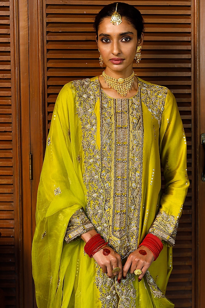 Olive Green Mukaish Silk Mul Embroidered Kurta Set by Payal Singhal at Pernia's Pop Up Shop