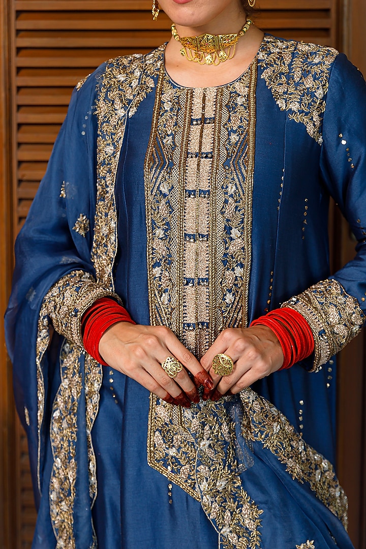 Navy Mukaish Silk Mul Embroidered Kurta Set by Payal Singhal at Pernia's Pop Up Shop