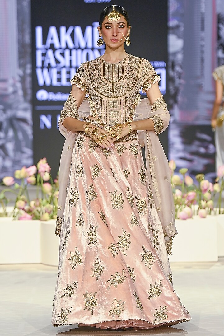 Blush Pink Velvet Embroidered Bridal Lehenga Set by Payal Singhal at Pernia's Pop Up Shop