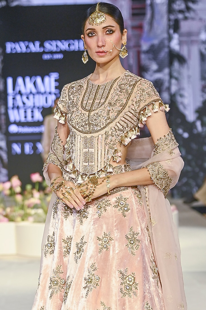 Blush Pink Velvet Embroidered Bridal Lehenga Set by Payal Singhal at Pernia's Pop Up Shop