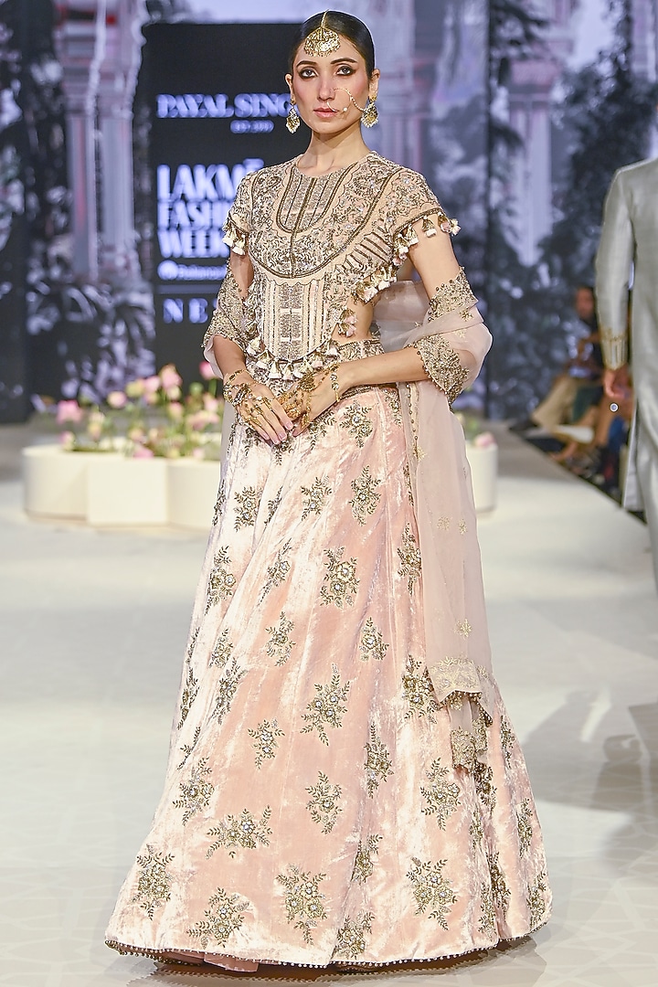 Blush Pink Velvet Embroidered Bridal Lehenga Set by Payal Singhal at Pernia's Pop Up Shop