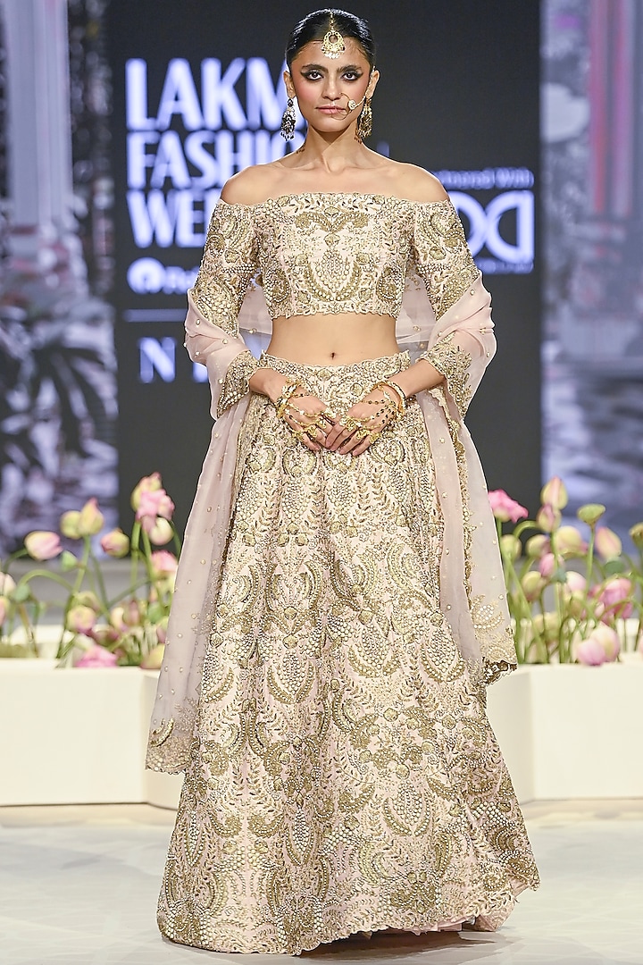 Blush Pink Dupion Silk Embroidered Bridal Lehenga Set by Payal Singhal at Pernia's Pop Up Shop