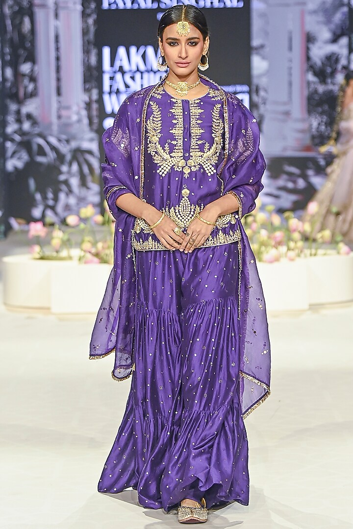 Purple Mukaish Silk Mul Embroidered Sharara Set by Payal Singhal at Pernia's Pop Up Shop