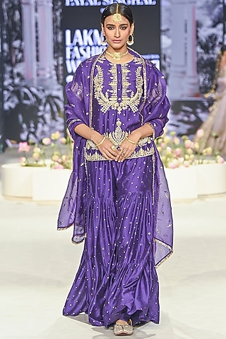 Purple Mukaish Silk Mul Embroidered Sharara Set by Payal Singhal