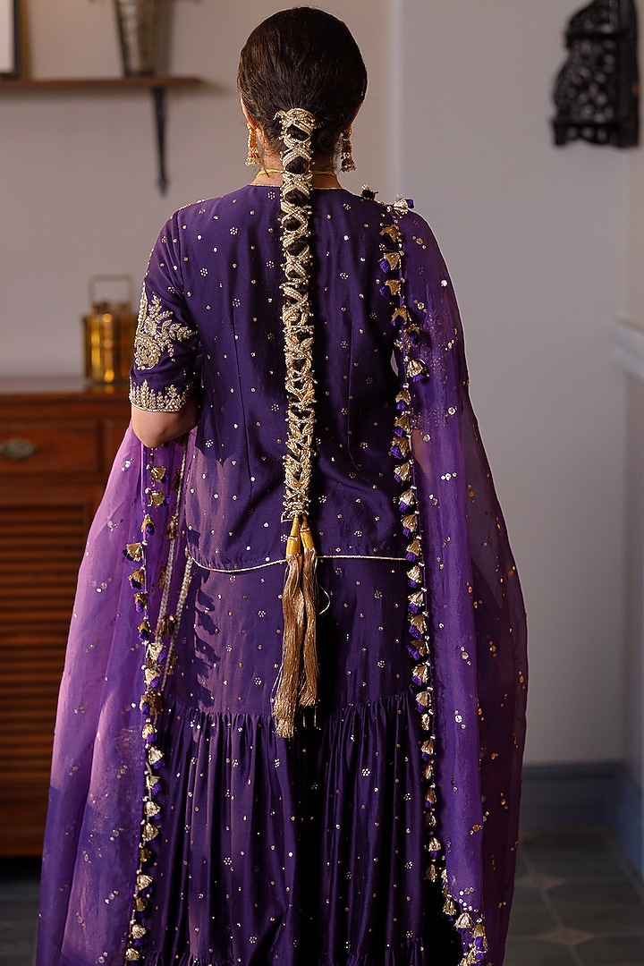 Purple Mukaish Silk Mul Embroidered Bridal Sharara Set by Payal Singhal at Pernia's Pop Up Shop