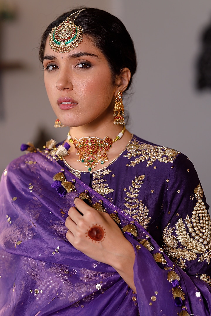 Purple Mukaish Silk Mul Embroidered Bridal Sharara Set by Payal Singhal at Pernia's Pop Up Shop