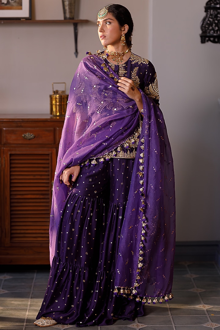 Purple Mukaish Silk Mul Embroidered Bridal Sharara Set by Payal Singhal at Pernia's Pop Up Shop